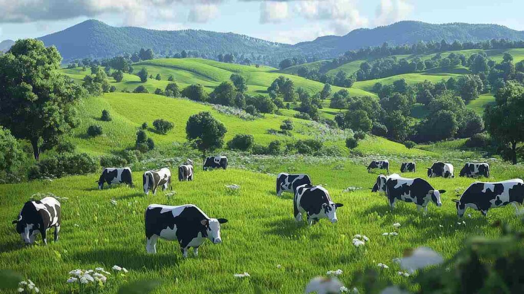 Dairy cows grazing on a diverse green pasture, symbolizing biodiversity and sustainable dairy farming at MARAYS.