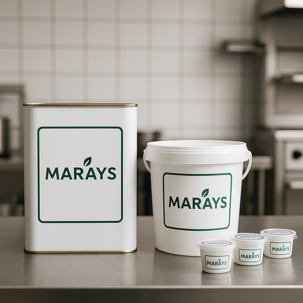 Different sizes of dairy product packaging, from bulk tins to small containers, designed for horeca kitchens.