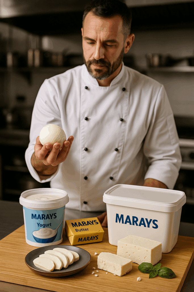 Professional kitchen setting with MARAYS dairy products such as cheese, yogurt, and butter.