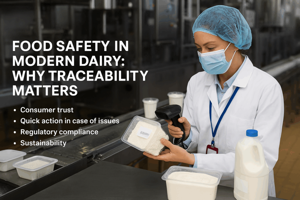 Modern dairy production line with MARAYS milk bottle, symbolizing traceability and food safety.