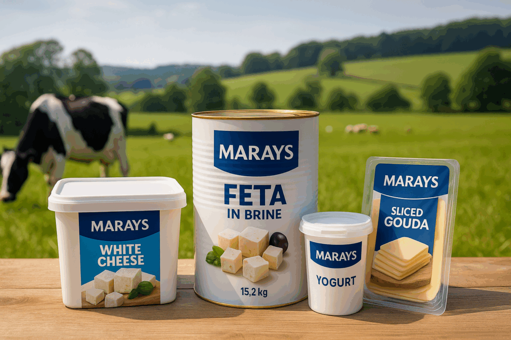 Sustainable dairy farm with cows in pasture and eco-friendly MARAYS packaging on a wooden table.