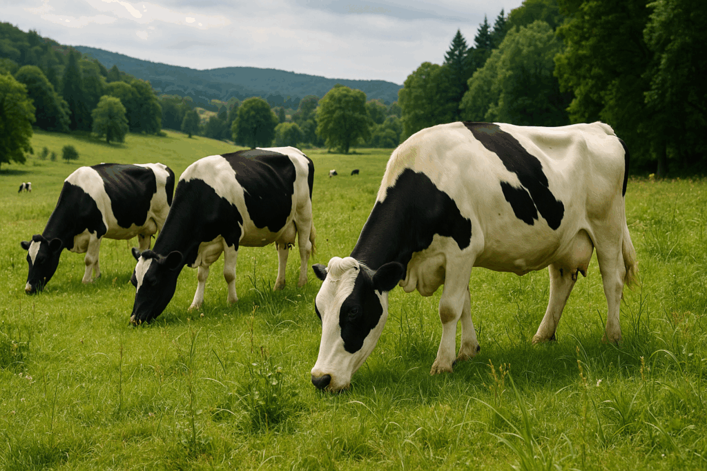 Dairy cows grazing on a green meadow, symbolizing biodiversity and eco-friendly farming.