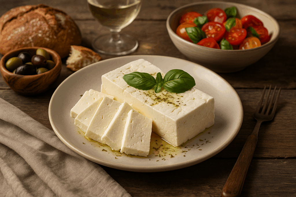 A plate of brined white cheese served with fresh bread, olives, and herbs on a rustic European table.